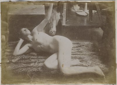 Studie nahé modelky ležící na tygří kůži v ateliéru Jacquese de Lalainga od Jacques Lalaing (attributed to)