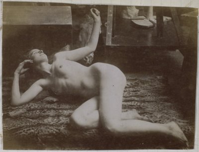 Studie nahé modelky ležící na tygří kůži v ateliéru Jacquese de Lalainga od Jacques Lalaing (attributed to)