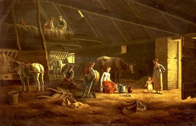 Dojička, farmáři a orat koně ve stodole od Jacques Laurent (circle of) Agasse