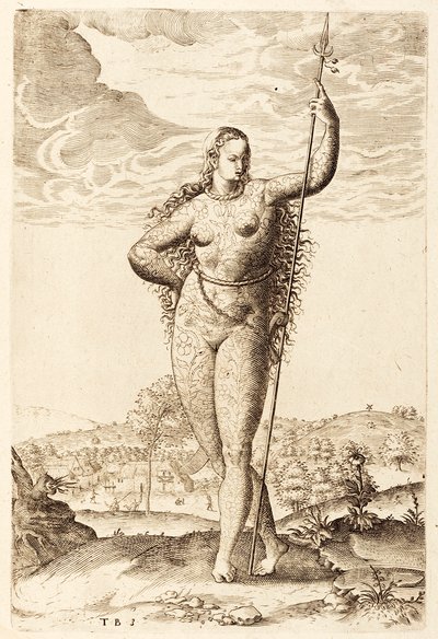 Mladá piktská žena, c1585 (rytina bw) od Jacques Le Moyne