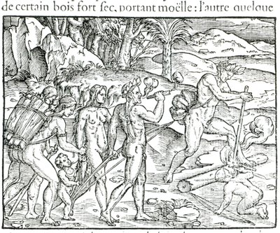 Domorodý Američan rozdělávající oheň po lovu, rytina Theodora de Bry (1525-75) od Jacques Le Moyne