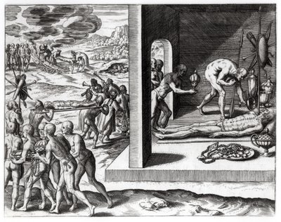Indické pohřební rituály, z „Americae“, napsal a vyryl Theodor de Bry (1525-75), 1602 od Jacques Le Moyne