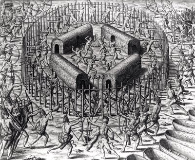 Johannes Staden pomáhá bránit indiány, kteří ho zajali proti Tuppin Tkins, vyryl Theodore de Bry (1528-98), z 