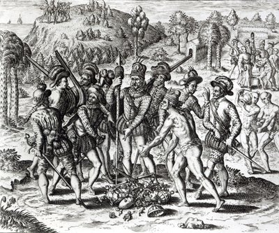 Španělé přijímající dary od indiánů, z „Historie“, 1598, vyryl Theodor de Bry (1528-98) od Jacques Le Moyne