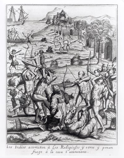 Indiáni útočí na kněze a ostatní a zapalují jejich domy, rytina z knihy "Americae", kterou napsal a vyryl Theodor de Bry (1528-98). od Jacques Le Moyne