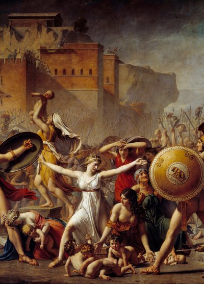 Detail: ""The Sabines""" mezi svými římskými manžely (vpravo) a jejich bratry Sabins (vlevo) a ukazuje jim své děti - Obraz Jacques-Louis (Jacques Louis) David (1748-1825) od Jacques Louis David