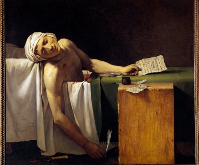 Francouzská revoluce: “” Jean Paul Marat (1743-1793) zavražděn ve své vaně 13.7.1793” Obraz Jeroma Martina Langloise (1779-1838), člena dílny Jacquese Louise Davida. 19. století od Jacques Louis David