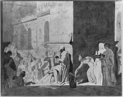 Homer recitující své básně, 1794 (pero a černý inkoust a grafit a šedá barva a červená křída na papíře) od Jacques Louis David