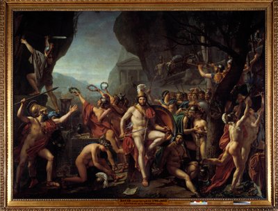 Leonidas k Thermopyls Epizoda bitvy u Thermopyl v roce 480 př. n. l., stojící proti Řekům proti Peršanům z Xerxa I., Leonidas I. král Sparty, drží se za ruce, sedí na skále, poblíž Herkulova oltáře, vzadu tlupa Sparťanů postupují do t od Jacques Louis David