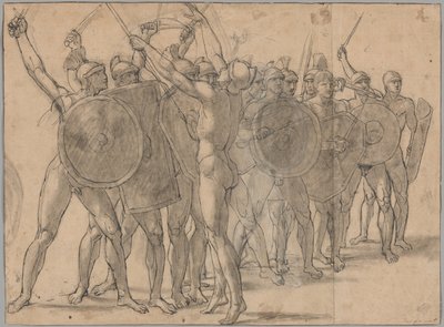 Nahí vojáci gestikulující svými zbraněmi (recto); Dvě studie sukna pro postavu Tatia (verze) od Jacques Louis David