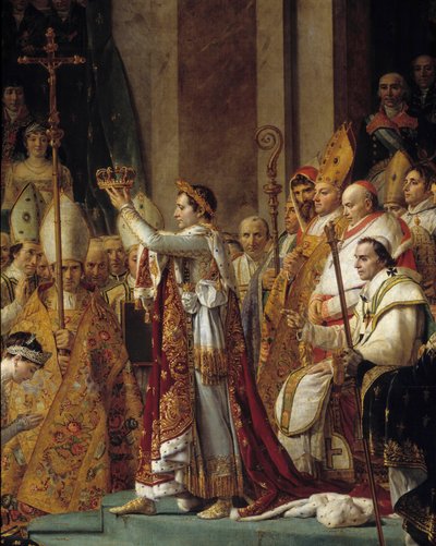 Napoleonův obřad. Detail Napoleona, který nosí korunu během Sacre of Emperor Napoleon I Bonaparte a korunovace Imperatrice Josephine v Notre-Dame de Paris 2. prosince od Jacques Louis David