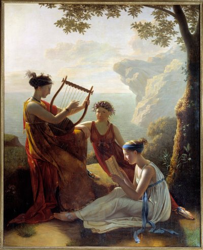 Řecká básnířka Sapho (Sappho) hrající na lyru a dva její společníci Obraz Jacques Louis Grandin (1780-?) 1808 Paříž, Musee Marmottan od Jacques Louis Michel Grandin