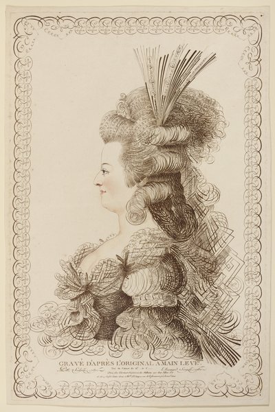 Kaligrafický portrét Marie Antoinetty, 1787 (lept a rytina) od Jacques Louis Petit