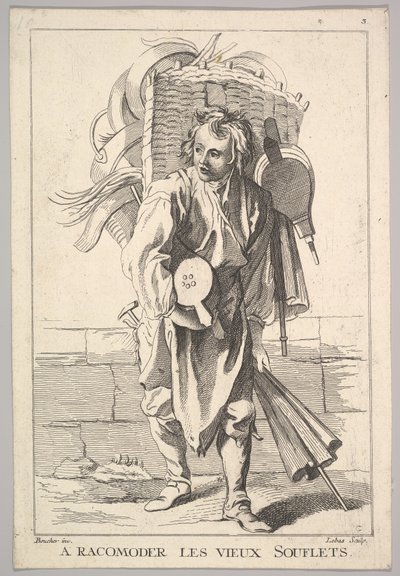 Reverzní kopie A Racomoder les Vieux Souflets Mend the Old Bellows, z Le Cri..., 18. století. od Jacques Philippe Le Bas