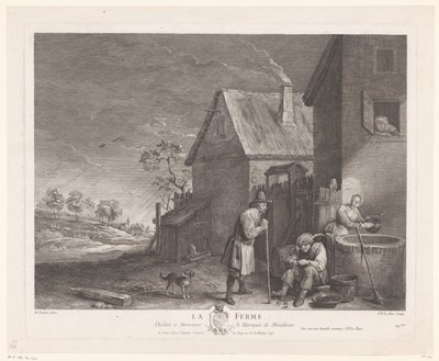 Dva muži a žena před studnou na farmě La Ferme (název na objektu) od Jacques Philippe Le Bas