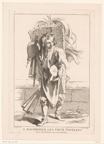 Prodejce měchů A Racomoder les vieux Souflets (název na objektu) Cris de Paris (název série) Street Vendors of Paris (název série) od Jacques Philippe Le Bas