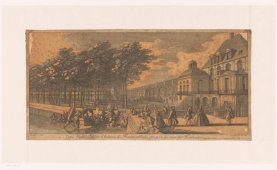 Gezicht op een laan bij de Cour de la Fontaine van kasteel Fontainebleau Pohled na křídlo zámku Fontainebleau, převzato z Cour des Fontaines (název na objektu) od Jacques Rigaud