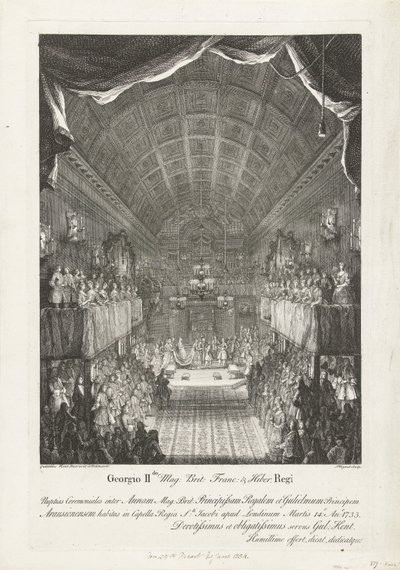 Huwelijk van Willem IV se setkal s kněží Annou, 1734 George II Mag: Brit: Franc: & Hiber. Královský svatební obřad mezi Anne (...) a Williamem (...) Úterý 14.: Ano: 1733 (...) (název na předmětu) od Jacques Rigaud
