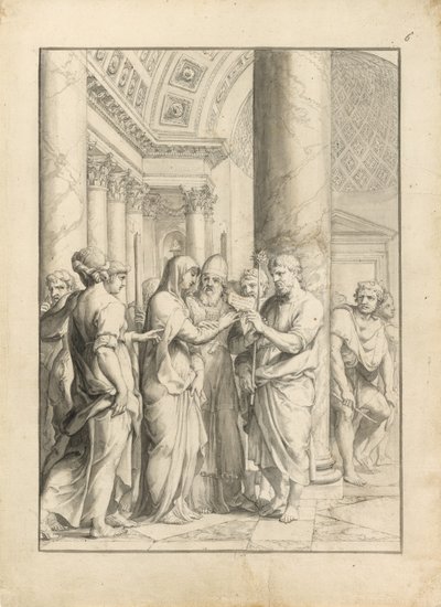 Marriage of the Virgin, c.1640 (pero a černý inkoust, se štětcem a šedým a světle hnědým mytím a grafitem, na kusovém krémově položeném papíře) od Jacques Stella