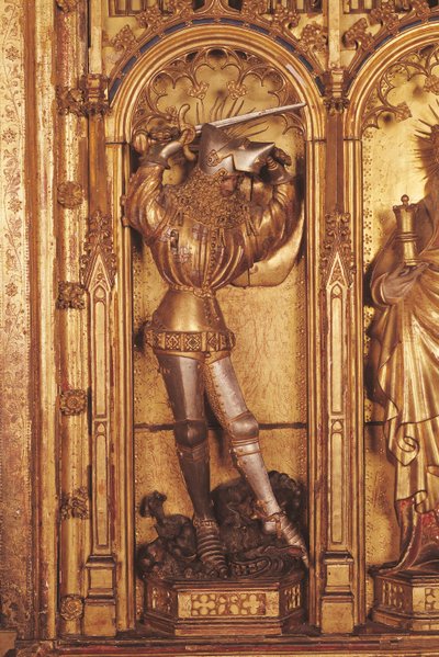 Oltářní obraz Ukřižování, detail sv. Jiří z levé desky, z kostela Chartreuse de Champmol, kolem 1391 (zlacené dřevo) od Jacques de Baerze or Baers