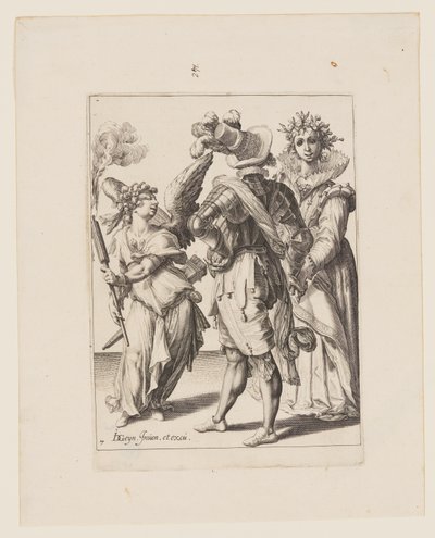 Amor se zavázanýma očima držící pochodeň před párem, z knihy Maškarády od Jacques de Gheyn II