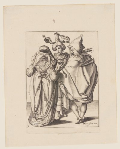 Pár oslovující gestikulujícího mladíka, z filmu Maškarády od Jacques de Gheyn II