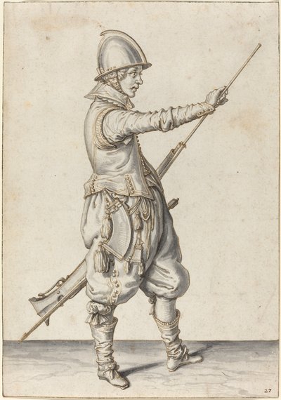 Elegantně oblečený voják pěchuje svůj kaliver od Jacques de Gheyn II