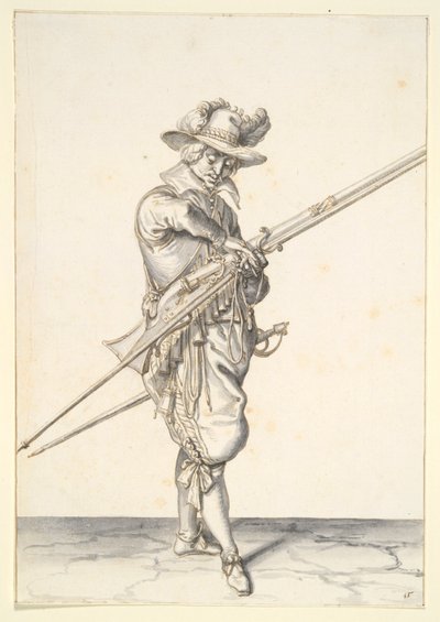 Voják se připravuje na střelbu z muškety od Jacques de Gheyn II