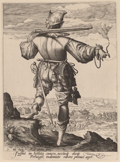 Mušketýr s přilbou od Jacques de Gheyn II after Hendrik Goltzius