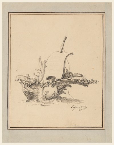 Kresba, Návrh na rozetový štít ve tvaru lodi s plachtou, pro Recueil Nouveau de Differens Cartouches, 1734 od Jacques de Lajoüe