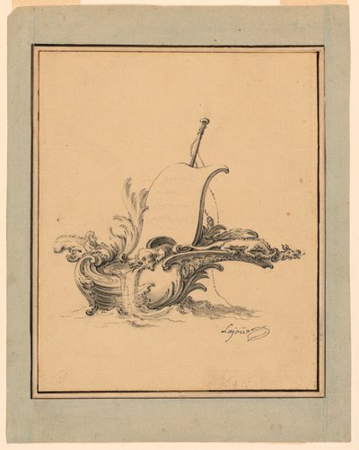 Kresba, Návrh na rozetový štít ve tvaru lodi s plachtou, pro Recueil Nouveau de Differens Cartouches, 1734 od Jacques de Lajoüe