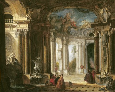 Interiér barokního paláce s elegantní společností konverzující u fontán od Jacques de Lajoüe