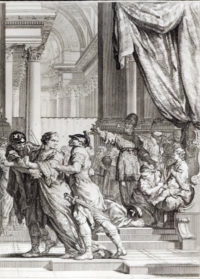 Jehoiada, jeruzalémský velekněz Prohlašující prince Joaše za judského krále, scéna z „Athalie“ od Jeana Racina (1639-99) vyrytá Jean-Jacquesem Flipartem (1719-82) od Jacques de Seve