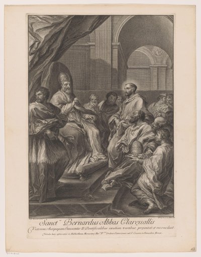 Heilige Bernardus van Clairvaux voor paus Innocent II Saint Bernardus opat z Clareualis (titul na předmětu) od Jakob Frey (I)