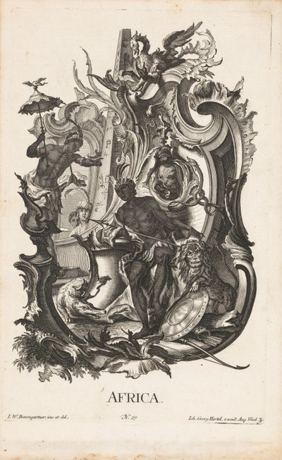 Rocaille s personifikací afrického kontinentu Afrika (název na předmětu) Čtyři kontinenty (název série) od Jakob Gottlieb Thelott