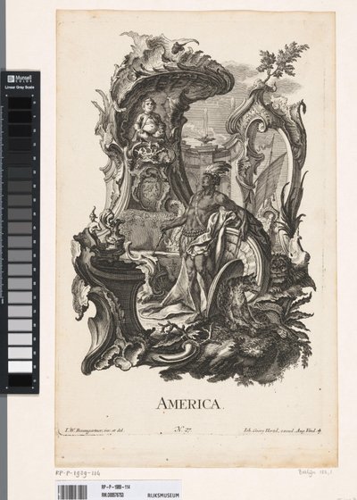 Rocaille s personifikací kontinentu Ameriky Amerika (název na objektu) Čtyři kontinenty (název série) od Jakob Gottlieb Thelott