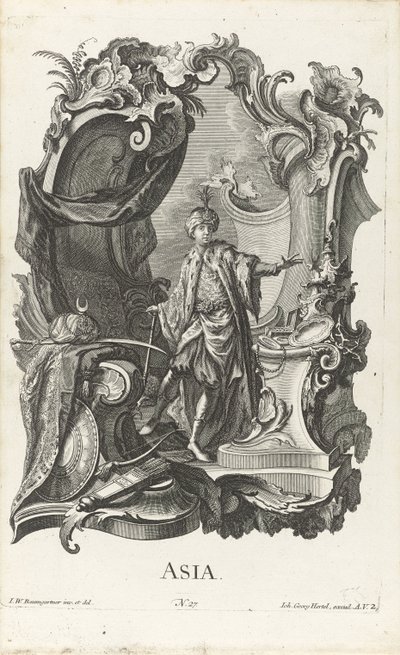 Rokajl s personifikací kontinentu Asie Asie (název na objektu) Čtyři kontinenty (název série) od Jakob Gottlieb Thelott