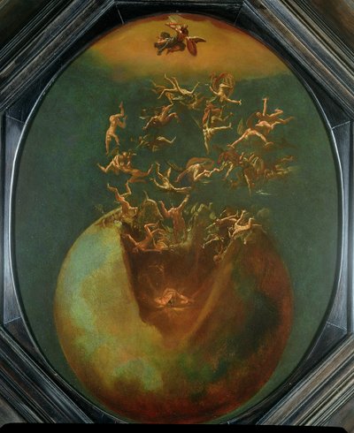 Pád Satana a rebelských andělů z nebe (olej na postříbřené mědi) od Jakob Isaaksz Swanenburgh