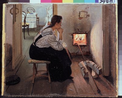 ""Myšlenky u plotny"" (Myšlenky u plotny) Mladá žena sedí zamyšleně před ohněm. Obraz Jakova Kaliničenka (1869-1938) 1897 Státní oblastní muzeum umění I. Pozhalostina, Rjasan od Jakoff Jakovlevitch Kalinitchenko
