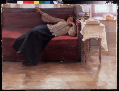 "" Sny "" Mladá dívka se prodloužila na gauči. Jakov Kalinichenko Painting (1869-1938) 1904 Státní regionální I. Pozhalostin Art Museum, Ryasan od Jakoff Jakovlevitch Kalinitchenko