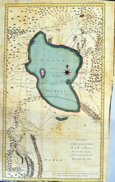 Mapa oblasti jezera Tzana nebo jezera Dembea (trasy M. Bruce při jeho dvou pokusech dostat se k pramenům Nilu) - v “Cesta do Núbie a Habeše podniknuté k objevení pramenů Nilu v letech 1768 až 1772 “”, od Jamese Bruce, vo od James Bruce