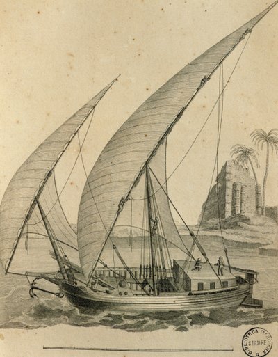 Plachetnice z Núbie, Egypt, rytina z Cartes et Figures du Voyage en Nubia et en Habessinia, James Bruce od James Bruce