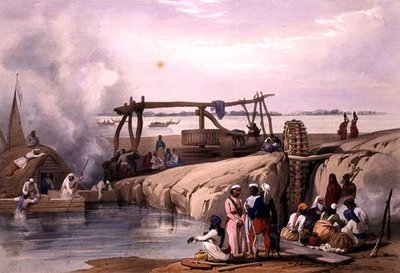 Scéna na řece Sutlej, v Paňdžábu, z „Sketches in Afghanistan“, vyryla Charles Haghe (1810-88) a Louis Haghe (1806-85), vydal Henry Graves od James (after) Atkinson