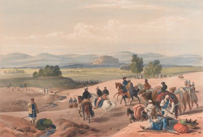 „Přístup k pevnosti Kwettah [sic]“, kolem roku 1839 (litografie, tónovaná) od James (after) Atkinson