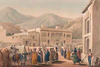 „Durbar-Khaneh of Shah Shoojah-ool-Moolk, v Cabaul [sic]“, kolem roku 1840 (litografie, tónovaná) od James (after) Atkinson