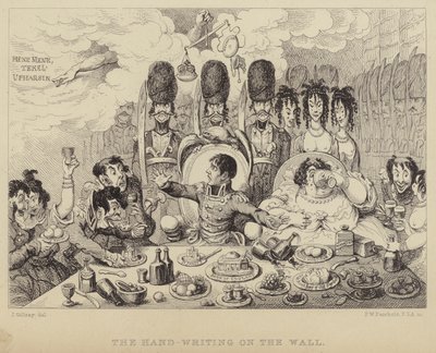 Ruční písmo na zdi: parodie na Belšazarův svátek zobrazující Napoleona a jeho manželku Josephine od James (after) Gillray