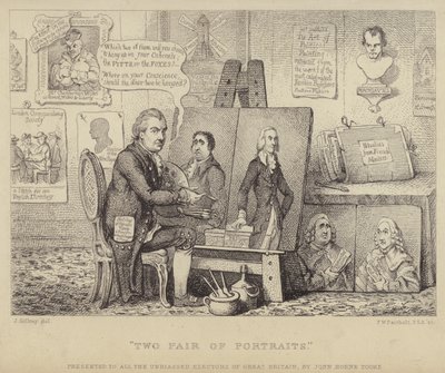 Dva páry portrétů: karikatura proti Whigovi zobrazující Johna Henryho Tooka s portréty Charlese Jamese Foxe ztělesňující neřest a Williama Pitta mladšího představujícího ctnost od James (after) Gillray