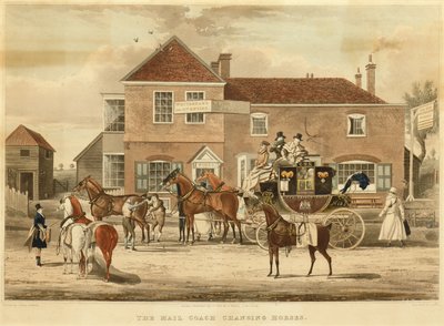 The Mail Coach Changing Horses, c.1825 (rytina) od James (after) Pollard