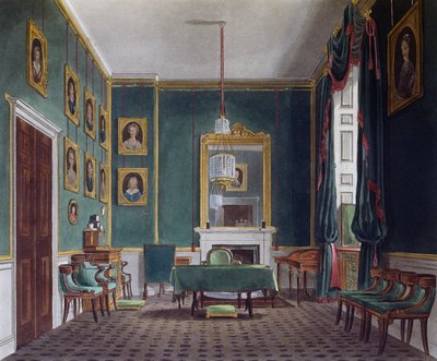 Zelená stahovací místnost, rytina Daniela Havella (1785-1826), podle návrhu Jamese Stephanoffa (asi 1788-1874), Z historie královských sídel od James (after) Stephanoff