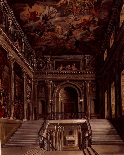 Schodiště, Buckingham House, vyryté Williamem Jamesem Bennettem (1787-1844) z hospody 